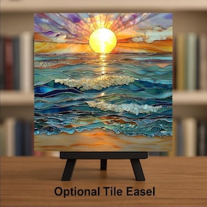 Ocean Sunset Ceramic Tile Wall Art – Stained Glass Style Coastal Seascape, Beach Wall Decor, Ocean Waves Home Decor Gift image 3