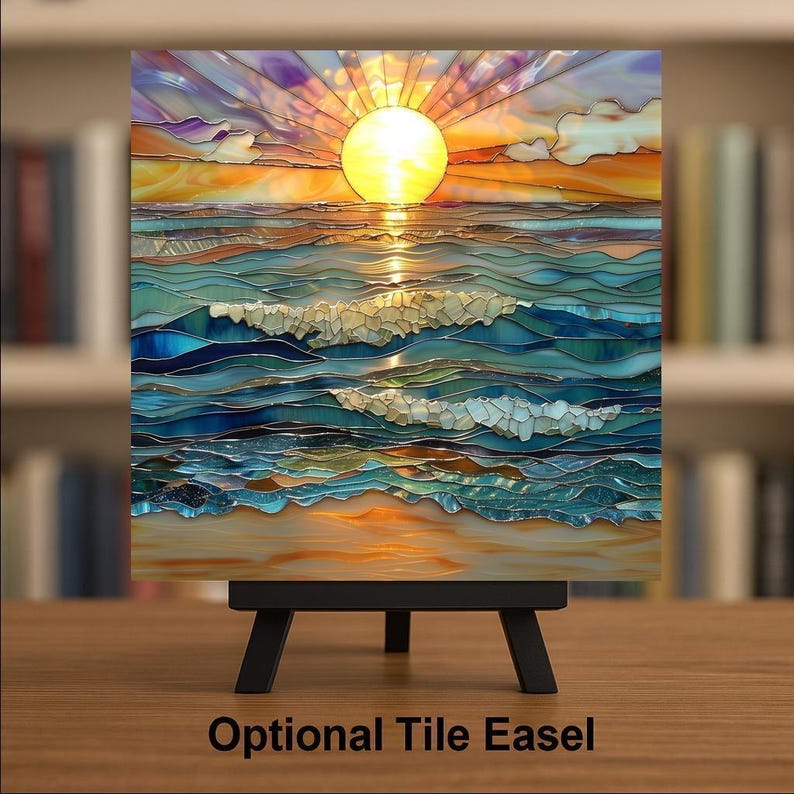 Ocean Sunset Ceramic Tile Wall Art – Stained Glass Style Coastal Seascape, Beach Wall Decor, Ocean Waves Home Decor Gift image 3
