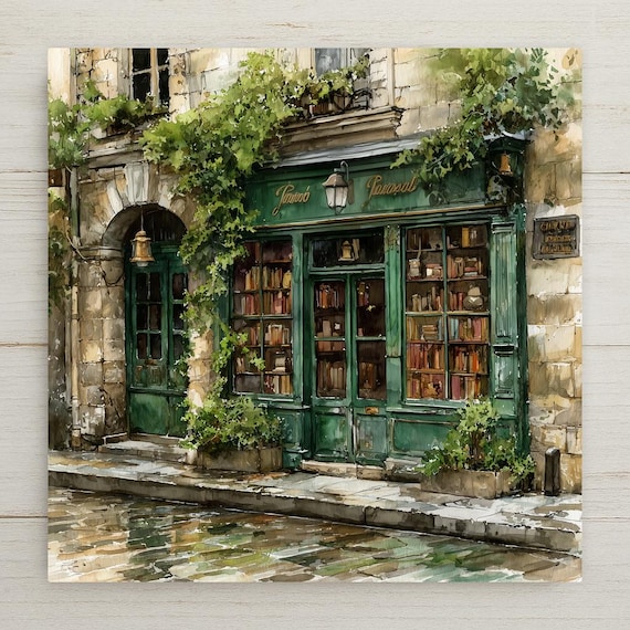 Vintage Bookstore Window Ceramic Art Tile: Light Academia Bookshelf Book Nook Wall Decor Gift for Her Reader Home Decor