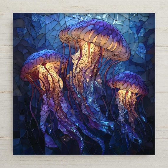 Jellyfish Ceramic Tile Wall Art – Stained Glass Style Ocean Decor, Underwater Home Decor, Coastal Wall Art Gift Tile for Sea Lovers