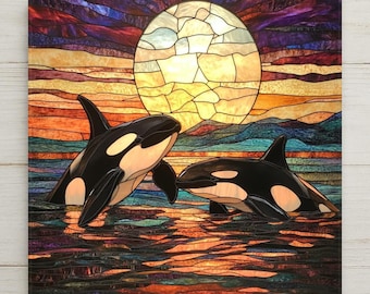 May include: A stained glass style wall art piece depicting two orcas swimming in water at sunset. A large, circular, yellow sun sits in the background against a sky of purple, orange, and blue horizontal bands. The orcas are black and white.