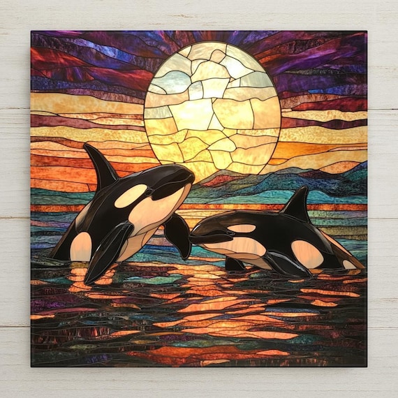 Orca Whale Ceramic Tile Art: Stained Glass Sunset Ocean Decor