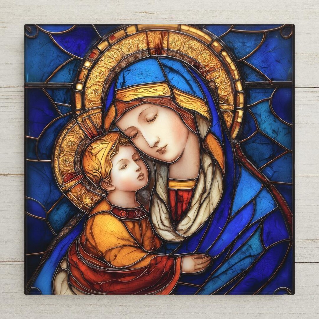 Madonna and Child Wall Art Ceramic Tile Stained Glass Style Virgin Mary ...