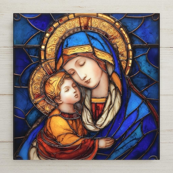 Madonna and Child Wall Art Ceramic Tile – Stained Glass Virgin Mary Religious Home Decor, Catholic Christian Wall Decor
