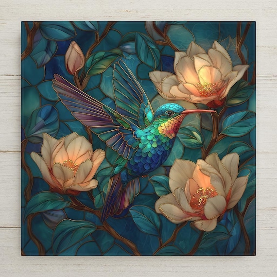 Hummingbird Wall Art Ceramic Tile – Magnolia Stained Glass Style Bird Decor Botanical Home Decor Gift
