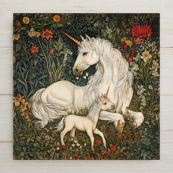 Woodland Unicorn Ceramic Tile Wall Art – William Morris Style Fantasy Scene, Magical Home Decor, Enchanted Floral Wall Decor Tile