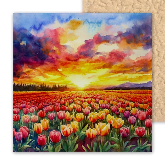 Vibrant Tulip Fields Ceramic Tile: Watercolor Sunset Floral Decor, Spring Garden Wall Art & Trivet