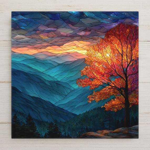 Blue Ridge Mountains Sunrise Ceramic Tile Art: Mosaic-Style Landscape Wall Decor, Nature-Inspired Home Gift