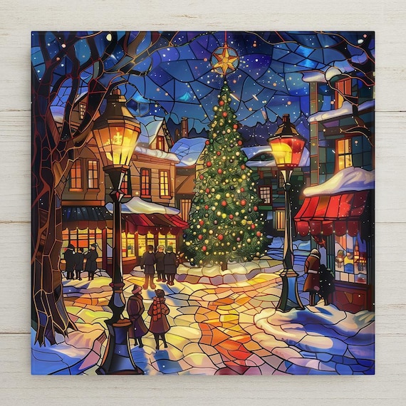 Festive Ceramic Tile Art: Stained Glass Style Christmas Town Scene for Holiday Home Wall Decor