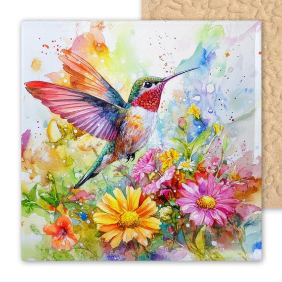 Vibrant Watercolor Hummingbird Ceramic Tile Art - Nature-Inspired Wall Decor for Bird Enthusiasts