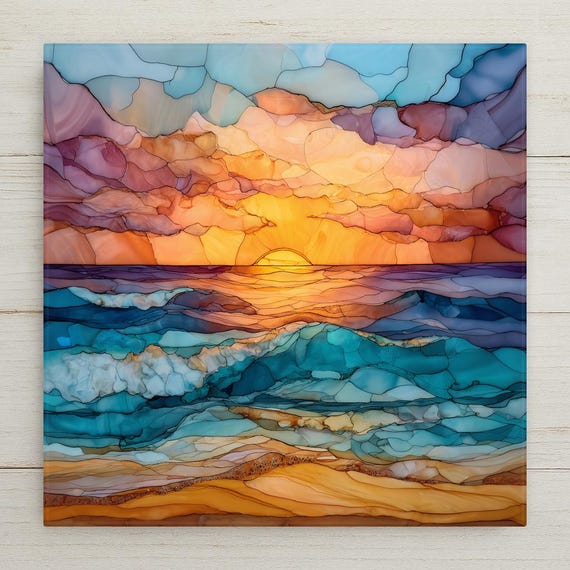 Ocean Sunset Ceramic Tile Coastal Wall Art Stained Glass Style Beach House Decor Nautical Sea Horizon Artwork Decorative Tile