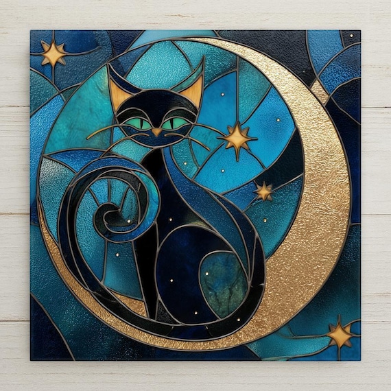 Black Cat Moon Ceramic Tile Wall Art - Stained Glass Style Mystical Night Decor Home Gift