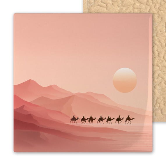 Minimalist Desert Camel Ceramic Tile Art - Peach Sunset Wall Decor for Boho Home & Travel Lovers
