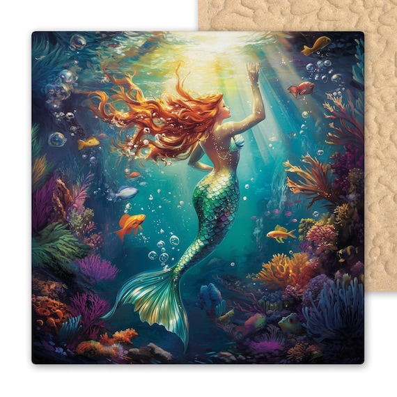Enchanting Mermaid Ceramic Tile Art: Underwater Fantasy Ocean Scene with Coral Reef for Coastal Decor