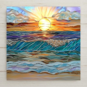 Ocean Waves Wall Art Ceramic Tile Sunset Coastal Gift Beach House Decor Wave Nature Art Place Identity
