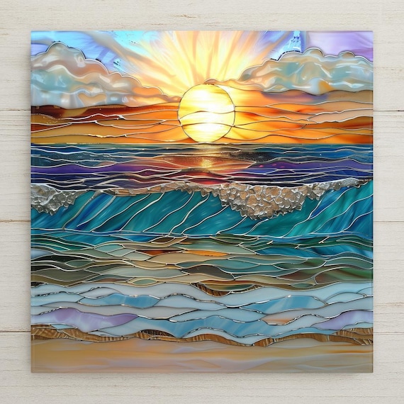 Sunset Ocean Waves Ceramic Tile Art: Coastal Beach House Decor