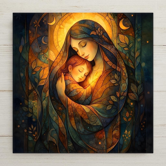 Mother and Child Spiritual Wall Art Ceramic Tile – Stained Glass Style, Peaceful Home Decor