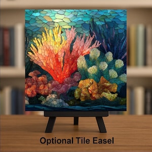 Coral Reef Wall Art Ceramic Tile Ocean Gift Stained Glass Decor Marine Nature Art Reef Lover Coastal Gift Tile 画像 3
