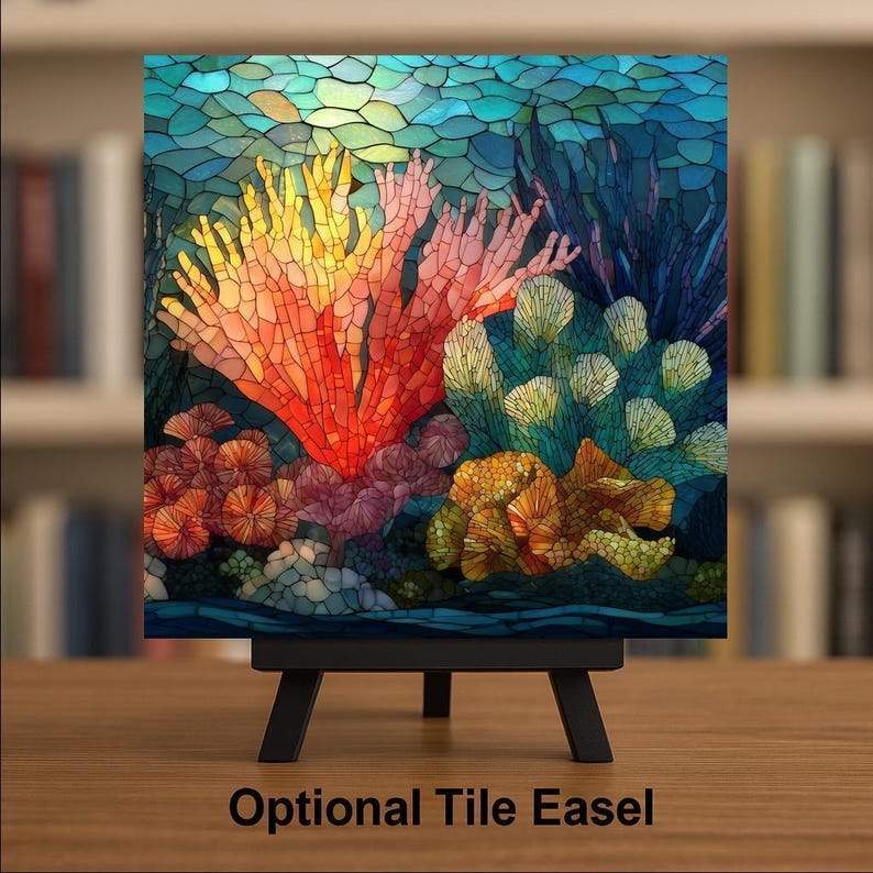 Coral Reef Wall Art Ceramic Tile Ocean Gift Stained Glass Decor Marine Nature Art Reef Lover Coastal Gift Tile 画像 3