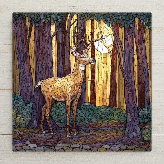 Woodland Deer Ceramic Tile Wall Art – Stained Glass Style Forest Deer Under Moonlight, Nature Inspired Home Decor Gift