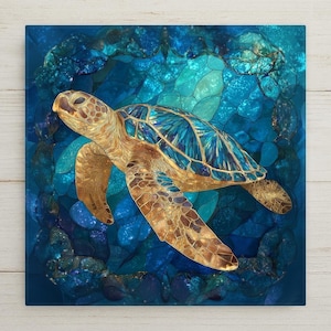 Sea Turtle Wall Art Ceramic Tile – Coastal Wall Decor – Beach House Wall Decor – Stained Glass Style Ocean