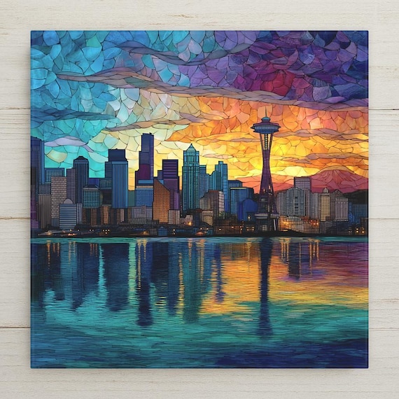 Seattle Skyline Ceramic Tile Mosaic - Space Needle Stained Glass Wall Art Decor, PNW Cityscape Gift