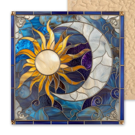 Celestial Sun and Moon Ceramic Tile Art - Handmade Stained Glass Style Wall Decor - Blue Gold Cosmic Gift