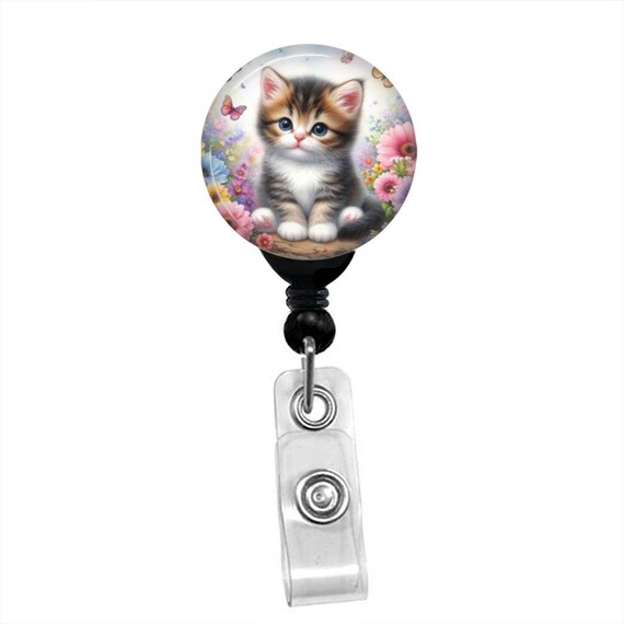 Cute Kitten Badge Reel With Flowers And Butterflies Retractable ID Holder Nurse Teacher Gift Kawaii Cat Name Tag Clip Work Accessory
