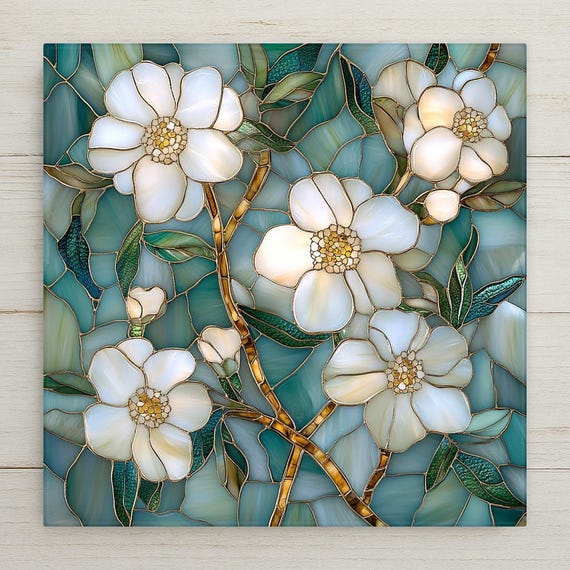 Art Nouveau Cherry Blossom Tile: Teal Floral Ceramic Wall Art