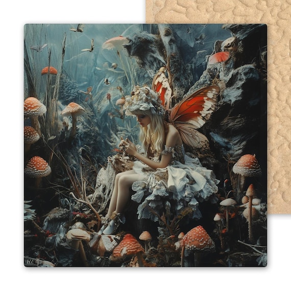 Enchanted Forest Ceramic Tile: Fairycore Decor with Magical Mushrooms, Butterflies & Whimsical Woodland Art