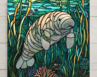 Manatee Wall Art Ceramic Tile Stained Glass Style Coastal Gift Marine Art Manatee Lover Ocean Nature Wildlife