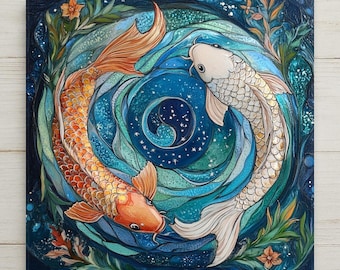 Pisces Wall Art Ceramic Tile Stained Glass Style Zodiac Gift Koi Fish Decor Birthday Nature Yin Yang