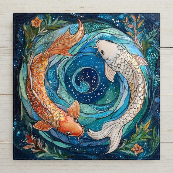 Pisces Ceramic Tile: Yin Yang Koi Fish Stained Glass Zodiac Art