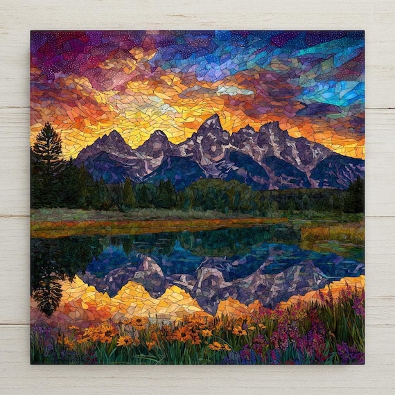 Stained Glass Style Grand Teton Mountain Sunset Ceramic Tile Wall Art – Nature Landscape Decor with Premium Frame or Easel Display