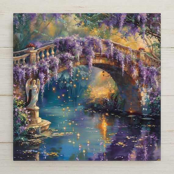 Wisteria Bridge Wall Art Ceramic Tile – Garden Bridge Decor – Purple Floral Landscape – Romantic Cottage Home Decor