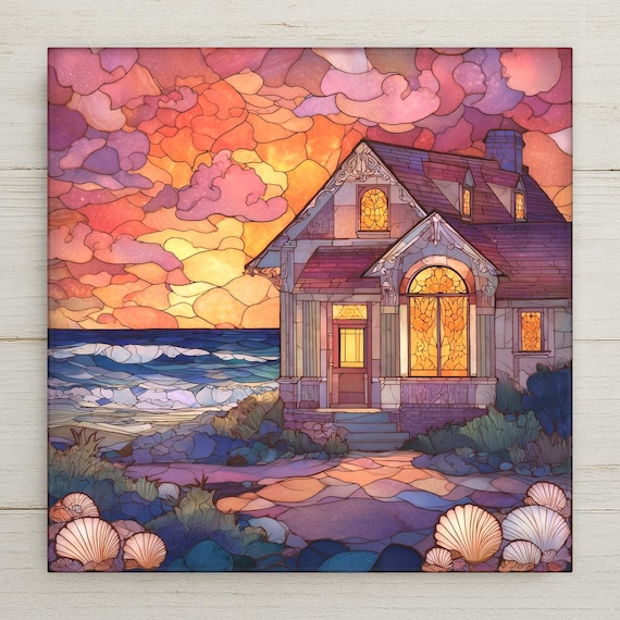 Coastal Cottage Ceramic Tile Wall Art – Stained Glass Sunset Beach House Scene, Coastal Wall Decor, Ocean Home Decor, Seaside Gift Artwork