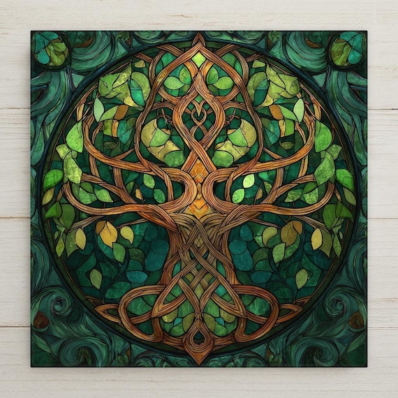 Tree of Life Wall Art Ceramic Tile – Celtic Stained Glass Nature Decor – Green Spiritual Wall Decor – Irish Home Decor Gift