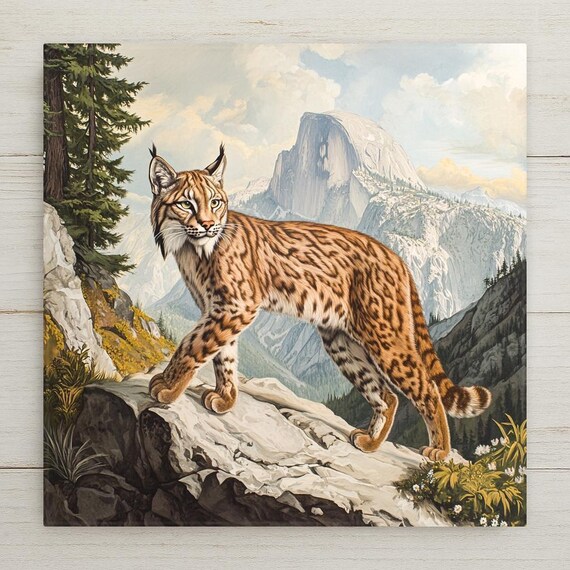 Audubon-Inspired Lynx Ceramic Tile: Rustic Wildlife Wall Art for Nature Enthusiasts
