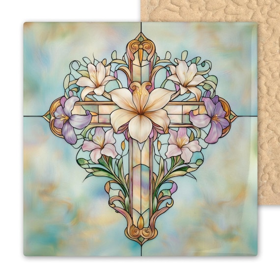 Art Nouveau Floral Ceramic Cross Tile: Easter Gift, Religious Home Decor, Sympathy Present