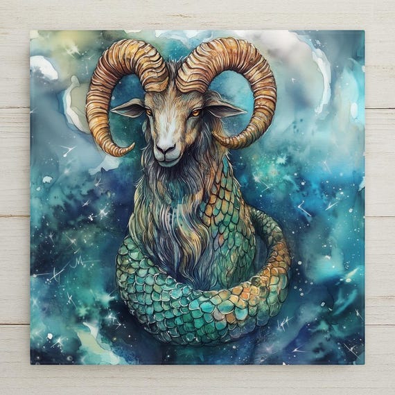 Capricorn Zodiac Ceramic Tile Art: Celestial Goat Astrology Gift