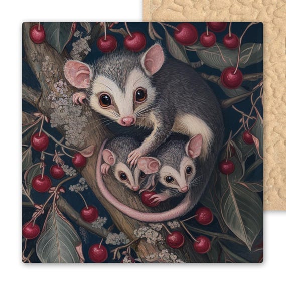 Art Nouveau Opossum Ceramic Tile - Woodland Wildlife Wall Decor, Boho Trivet, Nature-Inspired Coaster