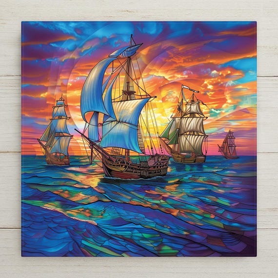 Sailing Fleet Wall Art Ceramic Tile Nautical Gift Coastal Decor Sailor Gift Beach House Bathroom Tile