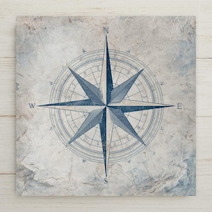 Compass Rose Ceramic Art Tile – Stained Glass Style Nautical Coastal Wall Decor, Sailor Beach House Gift