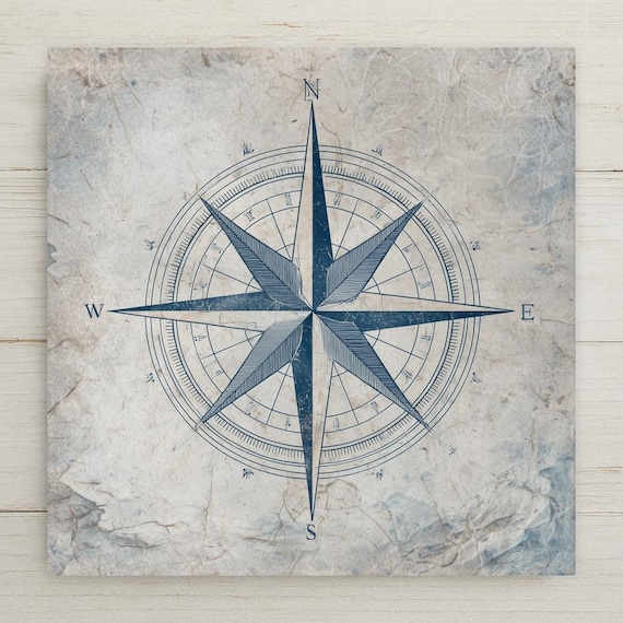 Vintage Maritime Compass Rose Ceramic Tile - Coastal Beach House Nautical Wall Art Decor