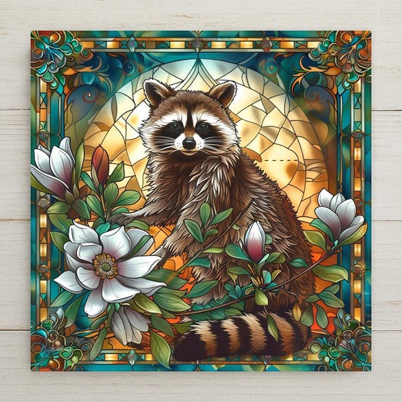 Raccoon Ceramic Tile Art: Stained Glass Style Woodland Decor
