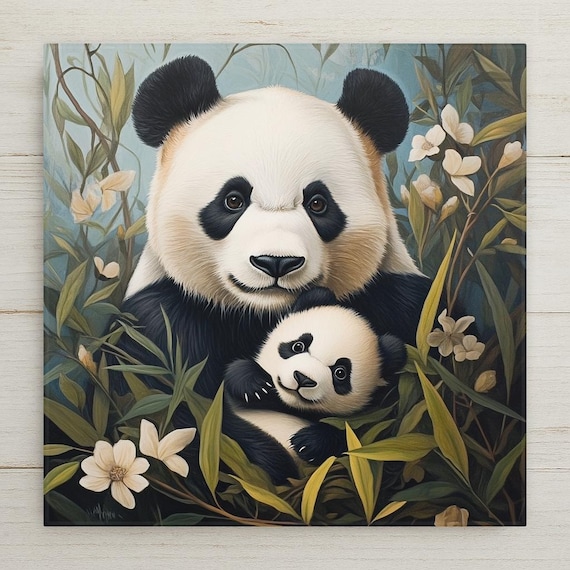 Mother and Baby Panda Ceramic Tile: Art Nouveau Nursery Decor