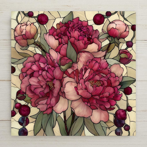 Peony Flower Ceramic Tile Wall Art - Stained Glass Style Botanical Home Decor Gift