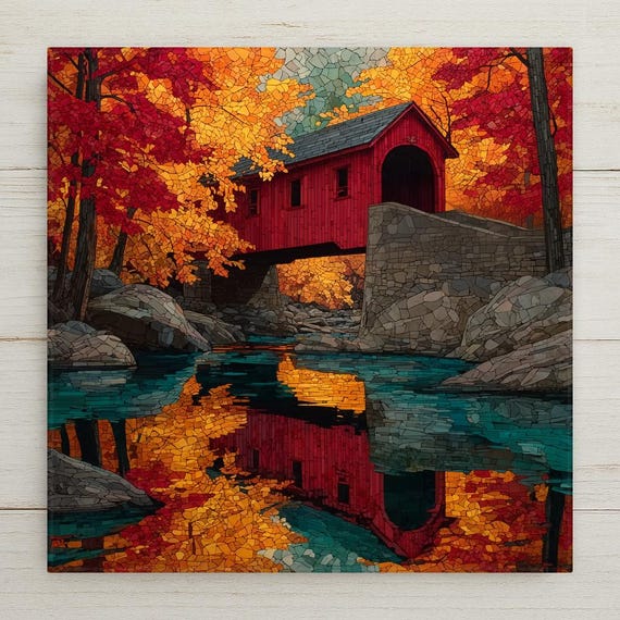 Covered Bridge Wall Art Ceramic Tile Stained Glass Style New England Americana Gift Vermont Decor Nature