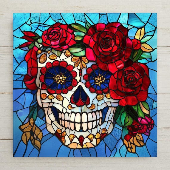 Sugar Skull Wall Art Ceramic Tile Red Day of Dead Gift Dia de los Muertos Decor Mexican Heritage Art Rose Skull Tile