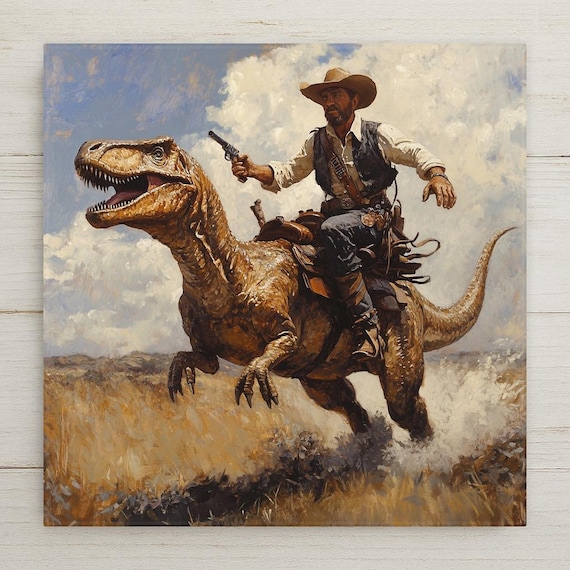 Velociraptor Cowboy Ceramic Tile Wall Art – Wild Western Dinosaur Home Decor, Funny Frontier Wall Decor Gift, Action-Packed Sci-Fi Tile